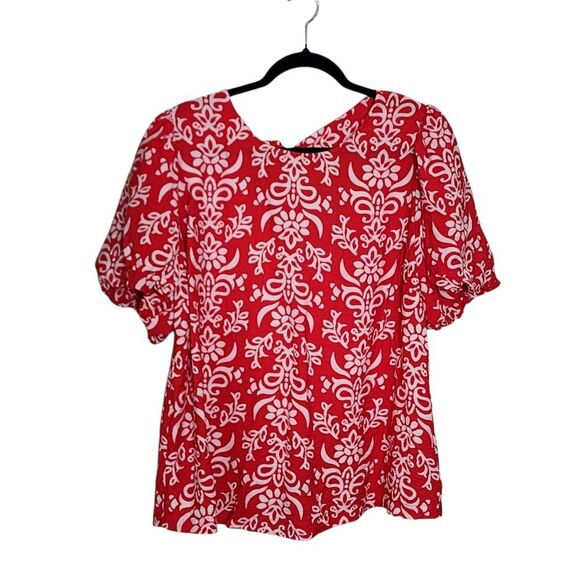 Skies Are Blue Top 1X Red White Puff Sleeve Tie Back - Picture 1 of 5